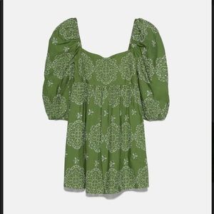 Zara openwork puffy sleeve embroidered dress.